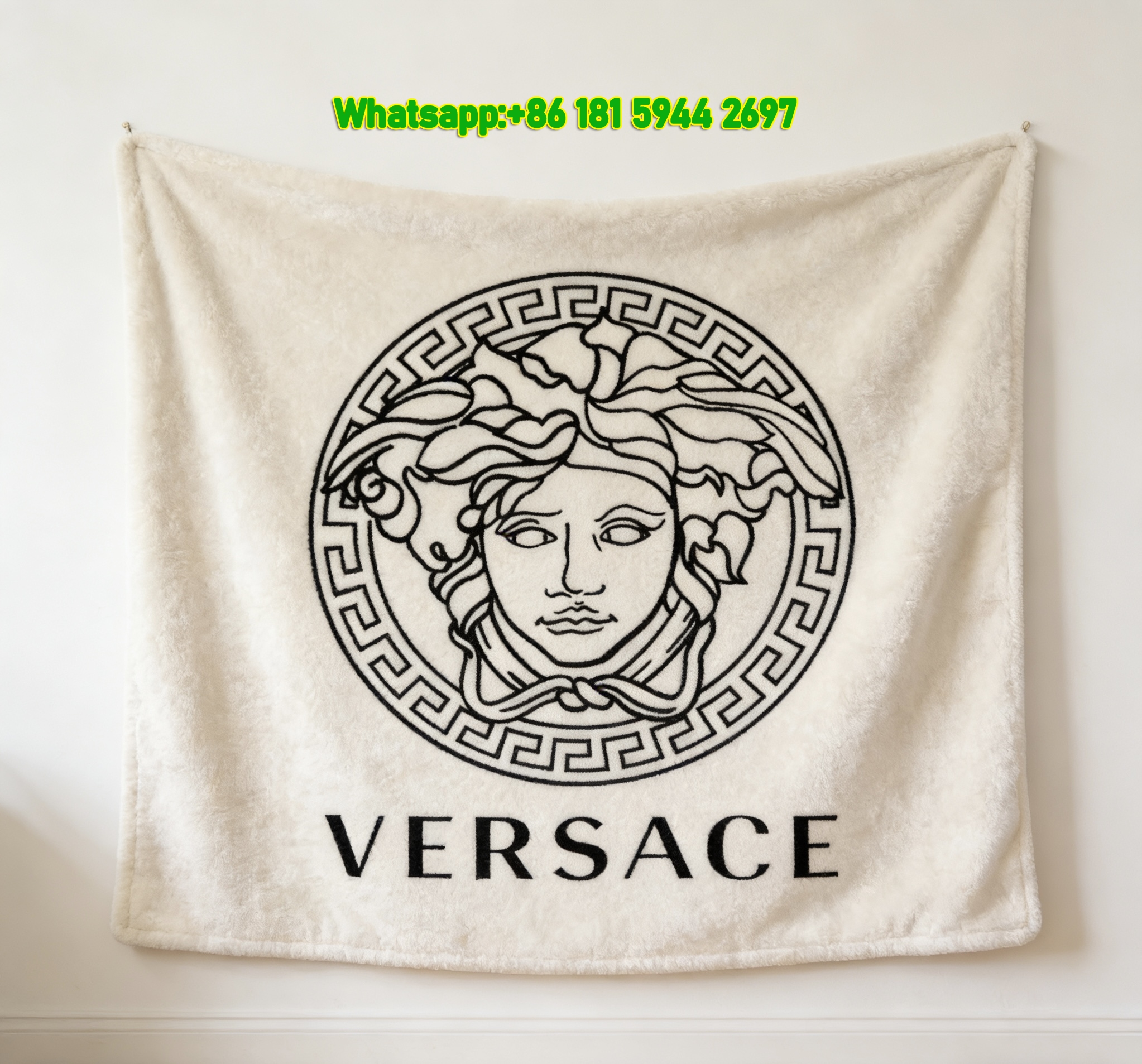 Versace White Black Medusa Greek Key Logo Printed Flannel Throw Blanket IMG_1254
